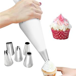 BEEK 0ZFL - Set di 6 beccucci, 5 beccucci grandi e sac à poche in silicone, 40 cm, riutilizzabili, 5 tipi di ugelli decorativi per torte in acciaio inox, plastica