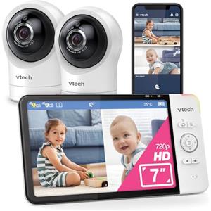 VTech baby monitor smart Wi-Fi con 2 telecamere, schermo HD a colori da 7", videocamera FHD 1080p, app gratuita, controlli panoramica, inclinazione e zoom, ninne nanne, suoni rilassanti: RM7764-2HD