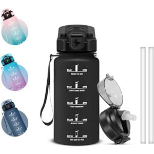 Grsta Borraccia 500ml, A Prova di Perdite Borraccia con Cannuccia, Bottiglia Motivazionale con Indicatore del Tempo, Facile da Pulire, Borracce per Scuola, Trekking, Viaggio