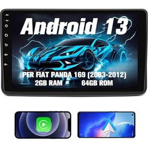 Hexinex 9 Pollici Autoradio per Fiat Panda 169 (2003-2012) 3 Serie Android 13 Car Radio (2+64GB) con CarPlay Android Auto GPS BT Comandi al Volante FM RDS