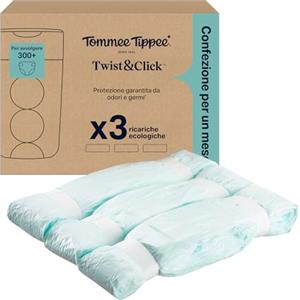 Tommee Tippee Ricariche per mangiapannolini Twist & Click, 3 ricariche di 10,5 metri l'una, pellicola antibatterica* multistrato, 3 X 10,5 m (la confezione può variare)