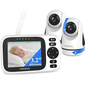 HelloBaby Baby Monitor Video e Audio 3.2'',Telecamera Bambini con Monitor e Doppia Telecamera,320° Telecamera Rotante,Visione Notturna,Sensore Temperatura,ECO,Interfono Bidirezionale,Ninna Nann