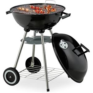 Relaxdays Barbecue a Sfera con Coperchio, Ø 44 cm, Grill a Carbonella da Esterno, 2 Ruote e Vassoio Raccoglicenere, Nero
