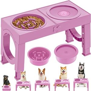 X XBEN 3-in-1 Ciotole per Cani Rialzate con 5 Altezze Regolabile, 1L Ciotola Anti Ingozzamento, 1,4L Acqua Cane Antigoccia, Ciotola per Cani Piccolo, Medio e Grande, Pieghevole e Antiscivolo, Rosa