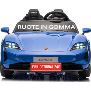 Mondial Toys Auto Elettrica per Bambini 24V Porsche Taycan TurboS 2 Posti Macchina Elettrica con Ruote in Gomma Telecomando Luci LED Bluetooth Blu