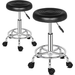 TactFire Sgabello con Ruote Regolabile in Altezza in Pelle PU, Sedia da Lavoro Imbottita con Cuscino in Pelle, per Bar, Casa, Parrucchiere,Ufficio (2,Nero)