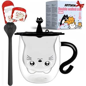 Afitdon Tazza Nera con Manico Vetro Doppia Parete con cucchiaio in acciaio inox a forma di zampa di gatto e coperchio in silicone & scheda di auguri, Tazza da Caffè di Gatto Carino per cappuccino