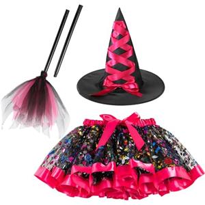 Hifot Costume Strega Bambina Tutu e Cappello Strega Bambina Scopa Strega,Vestito Strega Halloween Carnevale Cosplay