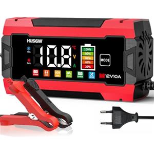 Husgw 12V 10A Caricabatterie per Auto，LiFePO4 Caricabatteria per Moto, Processo di Carica a Tre Fasi, Molteplici Funzioni di Sicurezza, Adatto per Auto, Moto, AGM, GEL, Wet, SLA e LiFePO4 (10A)