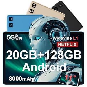 DMOAO Tablet 11 Pollici Android 14 con Widevine L1, 8000 mAh+Ricarica Rapida 18 W, 5MP+13MP, 20 GB RAM+128 GB ROM (Espandibile Fino a 1 TB), 5G Wi-Fi, GPS, Octa-Core 2.0 GHz, 1280*800, Face ID, USB-C, Blu