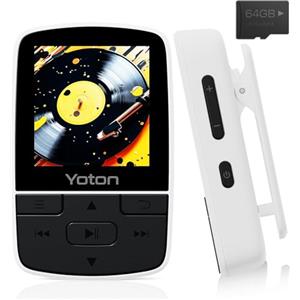YOTON 64GB Lettore Musicale con Bluetooth 5.2, Mini MP3 Sportivo Portatile con Clip, Suono HiFi Senza Perdita, Radio FM, Cronometro, Registratore, Contapassi, Ecc., con Auricolari, Bianco