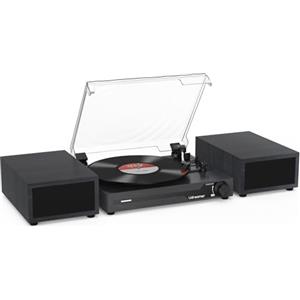 Udreamer Giradischi con 2 altoparlanti stereo doppio, giradischi vintage Bluetooth 5.3 supporta 3 velocità, AUX-In, RCA Line, USB, riproduzione wireless, nero