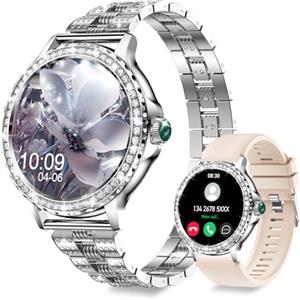 Fitoncloud Smartwatch Donna, 1,3'' HD Orologio Smart Watch Diamante con Chiamate BLE5.2/2 Cinturini/110+ Sport/Sonno/Cardiofrequenzimetro, Orologio Digitale IP68 per Android iOS, Regalo Donna, Argento