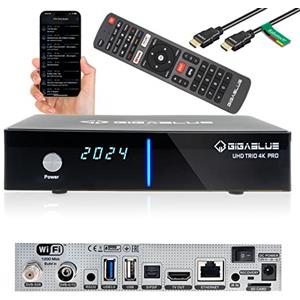 GigaBlue Cavo UHD Trio 4K Pro, ricevitore satellitare DVB-S2X/C/T2, sintonizzatore, PVR-Ready su scheda USB/SD, WLAN 1200 Mbit/s, HDMI, USB, LAN, Bluetooth, alimentatore di rete da 12 V