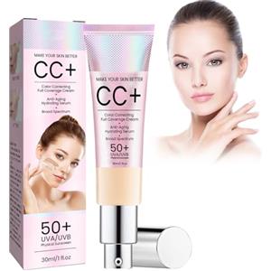 Tkekruh CC Cream 30ml, Fondotinta CC Cream, Color Correcting Crema SPF 50+, Full Coverage Correttore, Nasconde Naturalmente Le Imperfezioni, impermeabile e durevole Sunscreen, Moisture Cushion, Light