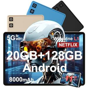 DMOAO Tablet 11 Pollici Android 14 con Widevine L1, 8000 mAh + Ricarica Rapida 18 W, 5MP+13MP, 20 GB RAM+128 GB ROM (Espandibile Fino a 1 TB), 5G Wi-Fi, GPS, Octa-Core 2.0 GHz, 1280*800, Face ID, USB-C, Oro