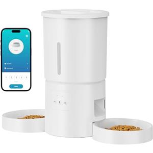 AONBOY Distributore Automatico Cibo Gatti 2 Ciotole: 5L Distributore Automatico Cibo Cane con Timer WiFi 2.4G per Crocchette - Design Doppia Ciotola per Famiglie con Più Gatti & Cani - Bianco
