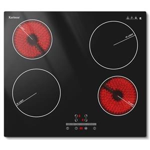 Karinear Piano Cottura Elettrico 4 Fuochi, 60cm Piano Cottura Vetroceramica da Incasso, 6000W Piastra con Blocco di Sicurezza per Bambini, Controllo del Timer, Pausa, Controllo a Scorrimento