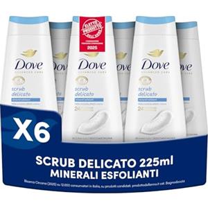 Dove Bagnoschiuma Scrub Delicato, Bagnodoccia Idratante, Formula Delicata sul Microbioma della Pelle, con Agenti Idratanti Vegetali, Senza Solfati SLES, Bagnodoccia Uomo e Donna, 6 Pezzi da 225 ml