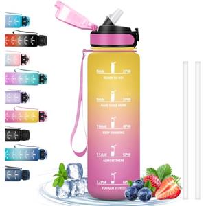 Grsta Borraccia 1 Litro, Borraccia Palestra con Cannuccia, Borraccie Motivazionale con Scala Temporale, Borracce Sportiva Senza Perdite, Facile da Trasportare, per Fitness, Escursionismo, Ciclismo, Outdoor