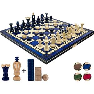 Master of Chess 35 cm / 13,8 pollici Set di scacchi in legno fatti a mano con dama/Dama/Dama (blu) per 2 giocatori, Età consigliata: 8 anni in su
