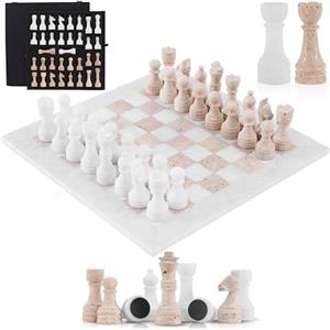 SPESHSTONES Travertino - Set di scacchi in marmo bianco 38,1 cm e travertino con scatola di immagazzinaggio fatta a mano, 1 scacchiera e 32 scacchi, set di scacchi da viaggio per famiglie, set a