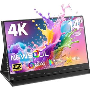 Newsoul Monitor portatile 4K da 14 pollici, monitor portatile UHD 3840x2160 con 2000:1, 100% DCI P3, QLED schermo portatile con HDMI e 2 porte Type-C e custodia protettiva per laptop/PC/PS5/4/Xbox