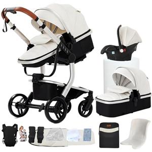 Oubeauou Passeggino combinato 3 in 1, bidirezionale con navicella, regolabile 105-180°, pieghevole semplice, 4 ruote (X518-WHITE)