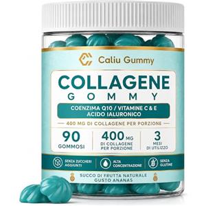 CALIU GUMMY | Collagene Marino Idrolizzato Gummies 400 mg | Acido Ialuronico, Coenzima Q10 e Vitamine C, D, E | 90 Caramelle Gommose | Pelle, Capelli, Unghie e Articolazioni | Senza Zucchero | 3 Mesi
