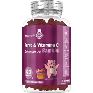 maxmedix Ferro Bambini con Vitamine Gommose, 120 Caramelle Vegane ai Frutti di Bosco con Vit C, (4 Mesi di Fornitura) dai 3 ai 12 Anni, Integratore Ferro e Vitamina C Bambini Gommose, Prive di Glutine e OGM