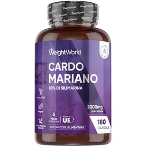 WeightWorld Cardo Mariano Vegano, 80% di Silimarina, 1 Capsula al Giorno da 2000 mg, 6 Mesi, Estratto 40:1 da Semi di Cardo Mariano, Silybum Marianum (Milk Thistle), Senza Magnesio Stearato, Prodotto in Europa