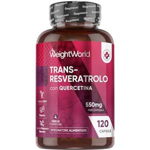 WeightWorld Resveratrolo con Quercetina, 120 Capsule Vegane, 1 Capsula al Giorno (per 4 Mesi), 550mg Trans Resveratrolo 98% e Quercetina Complex, Poligono del Giappone (Knotweed), Senza Magnesio Stearato né OGM