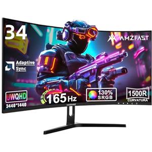Amzfast Monitor Gaming Curvo 34 Pollici UWQHD 3440x1440 165Hz 1ms MPRT Adaptive Sync 1500R 95% DCI-P3 HDMI 2.0 DisplayPort 1.4, AMZG34C5Q