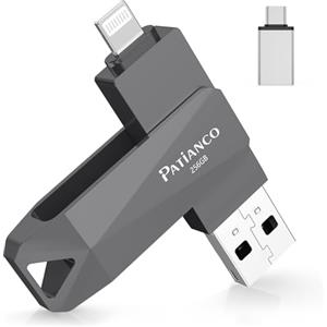 Patianco Chiavetta USB per iPhone 256GB,[MFi Certified] Patianco 3 in 1 Pendrive per Lightning USB 3.0 Chiave USB C per iphone per Scaricare Foto Memoria Stick per OTG Smartphone/Mac/PC/TypeC-iPhone/iPad(Nero)