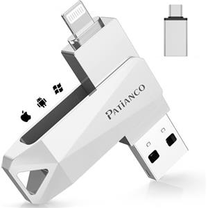 Patianco Chiavetta USB per iPhone,[MFi Certified]Patianco 256GB USB 3.0 Pendrive per Lightning Chiave USB C Memoria Stick 3 in 1 Backup Rapido con un Clic per OTG Android/Mac/PC/TypeC-iPhone/iPad(256G,Silver)
