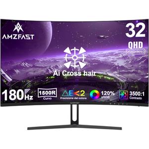 Amzfast Monitor Gaming Curvo 32 Pollici - QHD 2560x1440, 180Hz, 1ms MPRT, Adaptive Sync, 1500R, sRGB 125% / DCI-P3 93%, HDMI 2.0×2/DP 1.4×2, VESA 100x100, Supporto Metallico - AMZG32C1Q