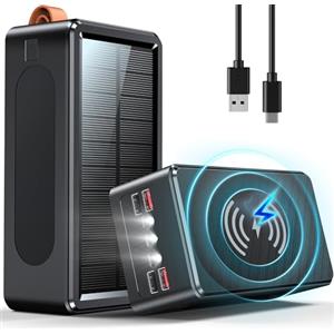 Kruilan 90000mAh Power Bank, Solare PowerBank Ricarica Rapida 35W, Wireless 15W, 7 Porte (4 USB/USB-C/Lighting/Micro), 3 LED Torce, Caricatore Portatile per Cellulare, Tablet, Campeggio ed Emergenze (Nero)