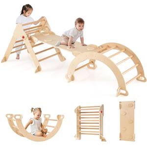 FANTASK Triangolo da arrampicata 4 in 1 con scivolo, arco da arrampicata, rampa a doppia faccia, struttura in legno per arrampicata, scivolo e altalena, montessori triangolo per i 3 anni (naturale)