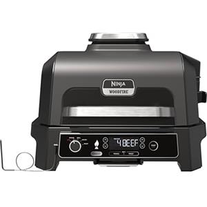 Ninja Woodfire Barbecue Elettrico XL, Griglia Friggitrice ad Aria e Affumicatore 4 in 1 da Esterno, con Termometro a Sonda Digitale, Sistema di Cottura Intelligente Smart Cook, Grigio/Nero, OG850EU