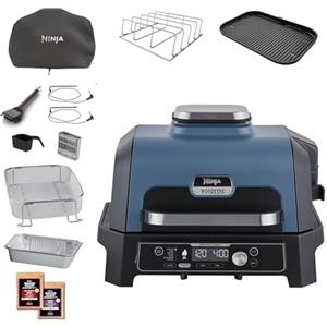 Ninja Woodfire Pro Connect XL Barbecue Elettrico, Griglia, Affumicatore, Friggitrice ad Aria 7 in 1, Controllo con App, 2 Termometri, Griglia per Costicine, Copertura e Spazzola, Blu/Nero, OG901EUAMZ