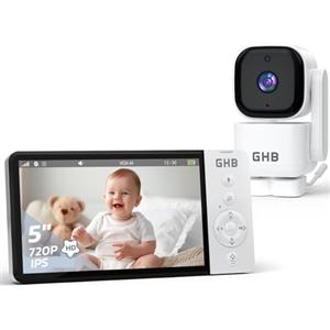 GHB Baby Monitor Video e Audio 5'' 720HD IPS 5000mAh Schermo, 350° Telecamera Rotante, Rilevamento della Temperatura, Interfono Bidirezionale, VOX, Visione Notturna, Ninne Nanne