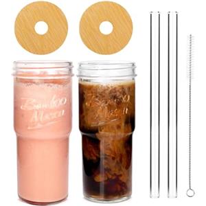 ANOTION Tazze di vetro con coperchi e cannucce, 2 pezzi, tazza da caffè da viaggio da 680,4 ml, barattolo di vetro per frullate, tazza da tè e boba tazze trasparenti e carine bicchieri da acqua