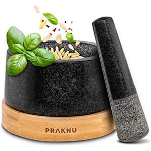 Praknu Mortaio con Pestello in Granito 15 cm - Pestello Extra Lungo & Elegante Base in Legno FSC® - Perfetto per Spezie, Erbe o Noci - Facile da Pulire - Grande