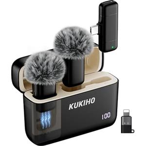 KUKIHO Microfono Lavalier Wireless con Custodia di Ricarica, Cancellazione del Rumore, Clip Plug-and-Play per iPhone, Android, YouTube, Vlog