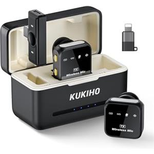 KUKIHO Microfono Lavalier Wireless con Custodia di Ricarica, Cancellazione del Rumore, per iPhone Android, Registrazione Video, YouTube, Vlog