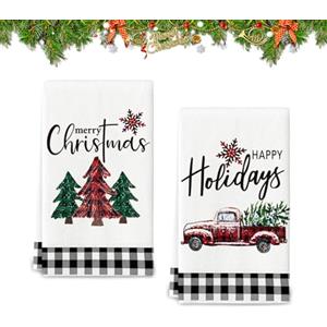 dellyy Set di 2 Strofinacci Cucina 42x60cm, Strofinacci Natalizi in Poliestere, Asciugamani Natale con Motivo Natalizio, Canovacci Natalizi Resistenti, Decorazioni Natalizie (a quadri bianchi e neri)