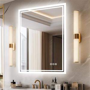 LUVODI Specchio Retroilluminato Bagno con Led: 50x70cm Specchio da Bagno Led Rettangolare con Luce da Parete, 3 Touch Dimmerabile Antiappanamento Funzione Memoria IP56, Orizzontale Verticale