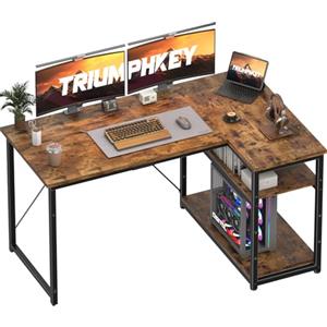 TRIUMPHKEY Scrivania ad Angolo Reversibile 140 x 80cm, Scrivania a Forma di L con Ripiani,Tavolo da Lavoro,Struttura in Acciaio, per Computer, Ufficio, Studio and Soggiorno, Marrone Rustico