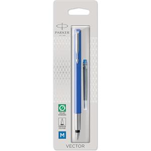 Parker Vector penna stilografica | colore blu con finiture cromate | pennino medio | inchiostro blu | confezione blister