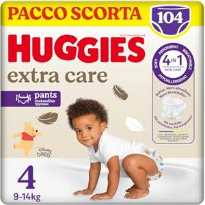 Huggies Extra Care, Pannolini Taglia 4 (9-14 kg), Mutandina traspirante, Pacco Scorta, 104 Pz